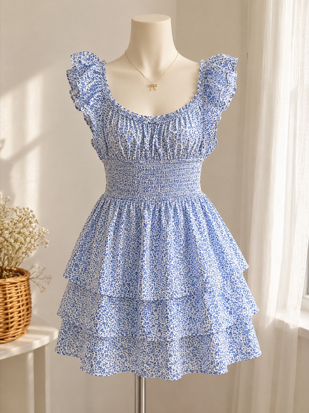 Hollister blue floral ruffle romper/dress with puffy sleeves